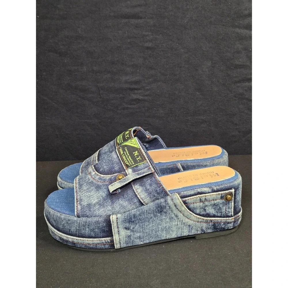 Denim‎ Platform Wedge Slide Sandals Y2K Jean Pocket Mules Blue Acid Wash Size 39